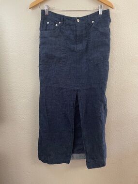 Nicole Miller Navy Midi 100% flax Linen Skirt Front Slit western M